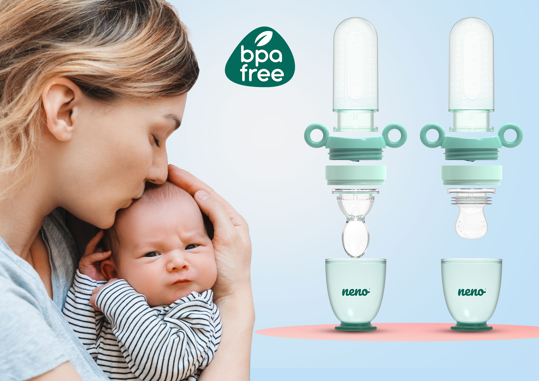 różne wielkości smoczków produktu Neno Gusto w tle kobieta tuląca niemowlaka